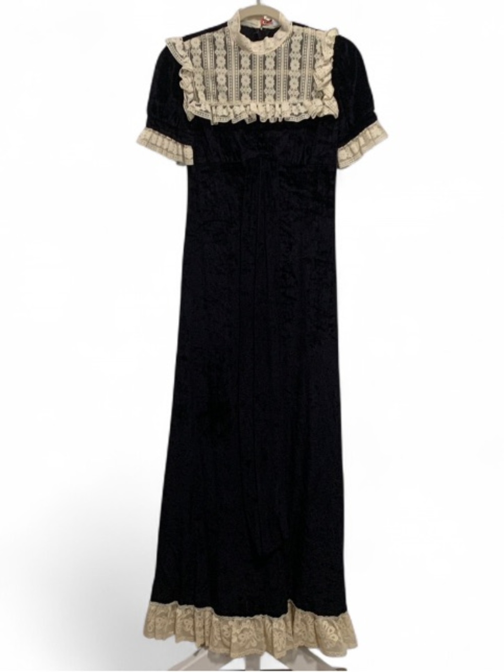 Vintage Black Velvet High Neck Maxi Dress with Cream Lace Trim